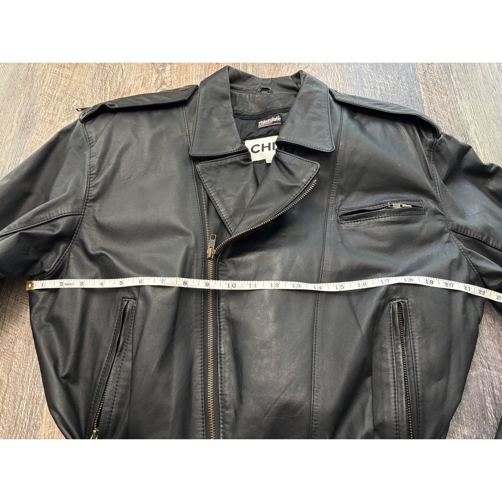 Vintage Chia Black Leather Biker Jacket Thinsulate Liner Belted Moto 2126 M - Picture 4 of 7